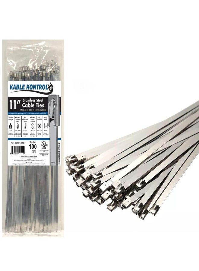 Kable Kontrol Metal Zip Ties 11 Inch 100 Pcs, 350 Lbs Tensile Strength, Self-locking Multi-Purpose 304 Stainless Steel Heavy Duty Cable Ties Ideal for Exhaust Wrap, Outdoor and Indoor Use - Image 1